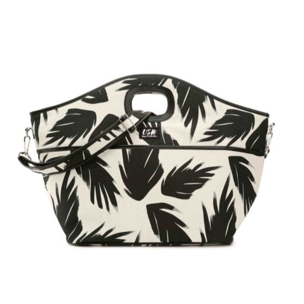 DSW Cooler Beach Tote Handbag Padded Insulated Vinyl White Black Palm Leaf